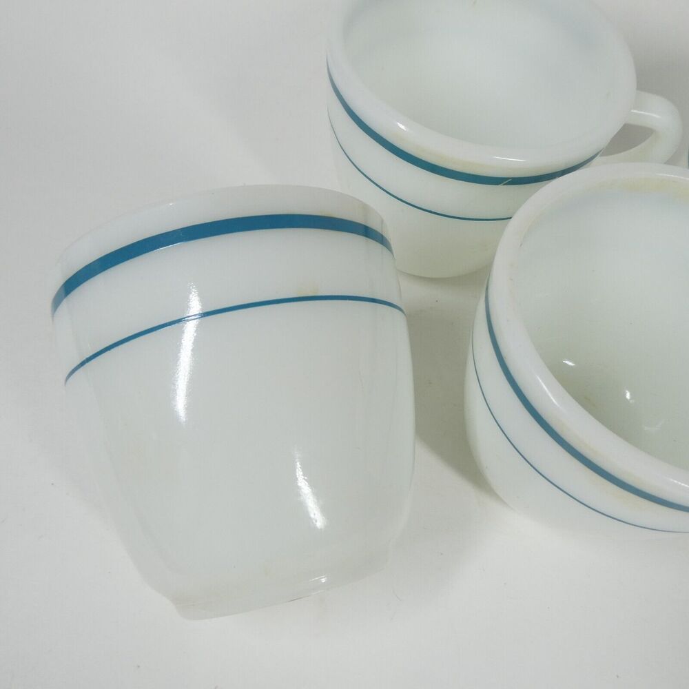 Anchor Hocking Anchorware 4 Teal Blue Stripe Coffee Mugs 910 Cups Vtg Milk Glass - Picture 6 of 14